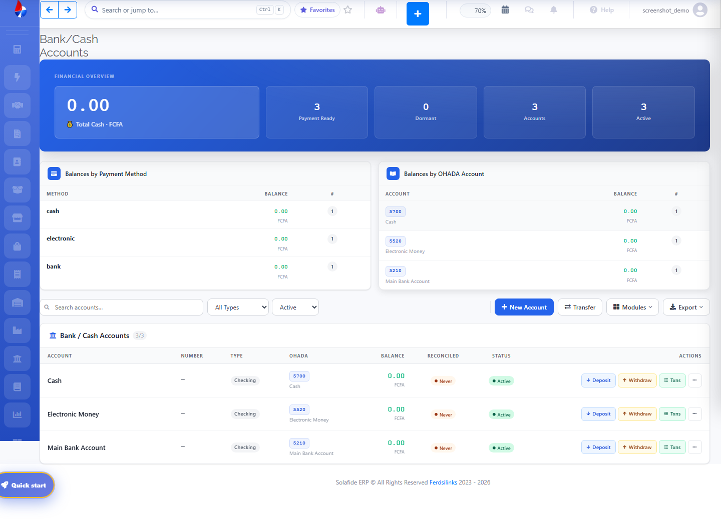 Solafide Bank Accounts list screen