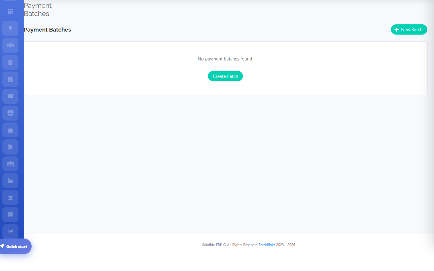 Solafide Payment Batches list screen