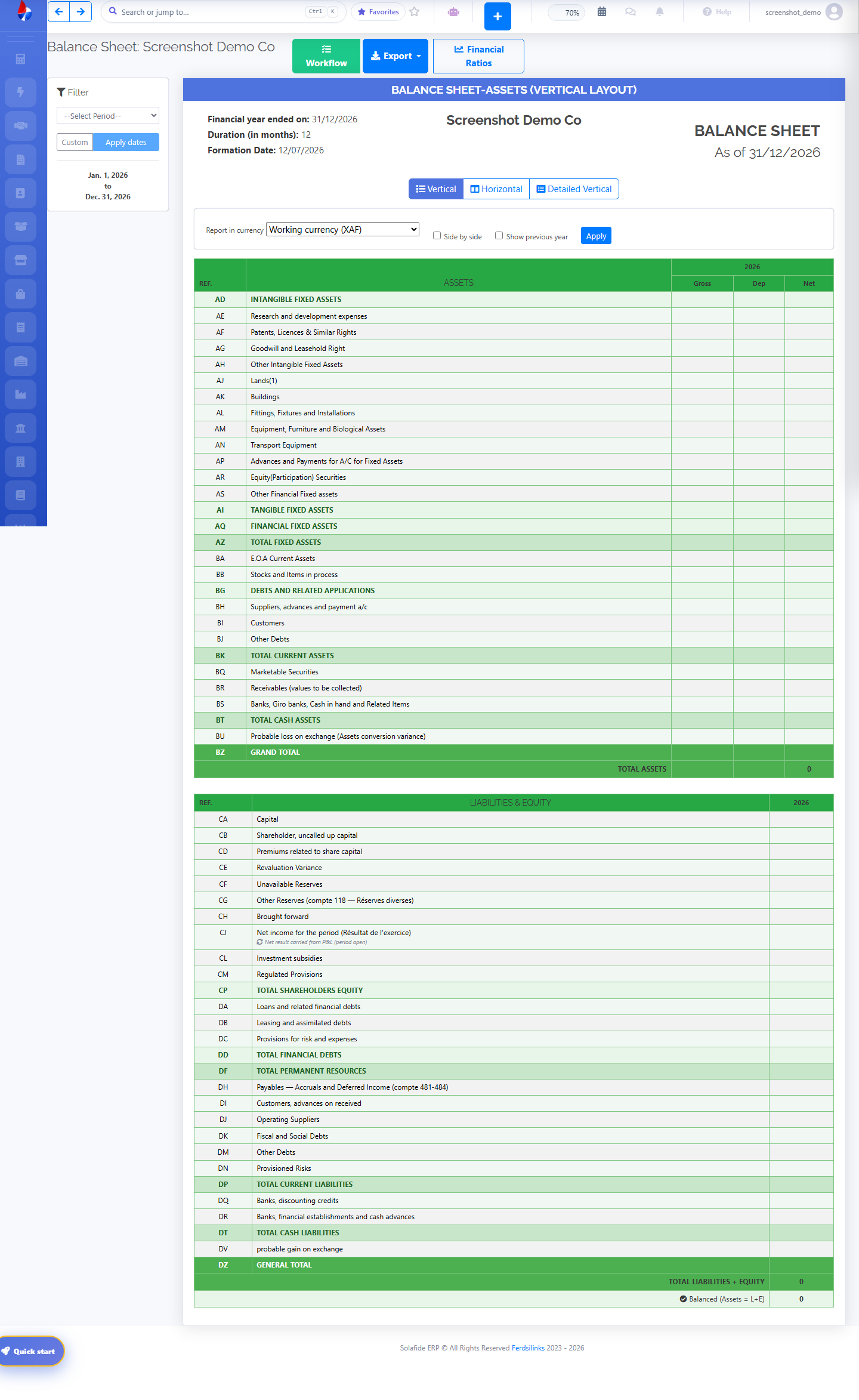 Solafide OHADA Balance Sheet report with vertical layout