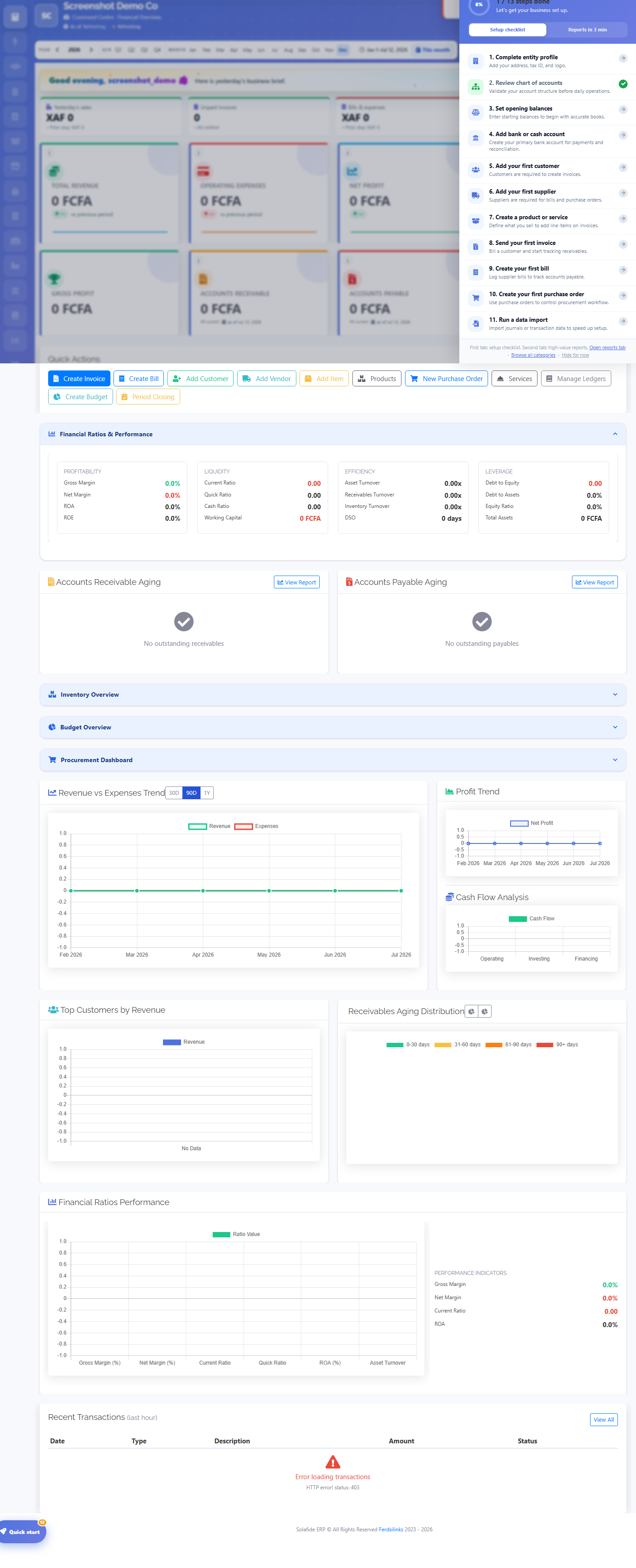 Solafide entity dashboard with financial ratios, budget overview, and trend charts