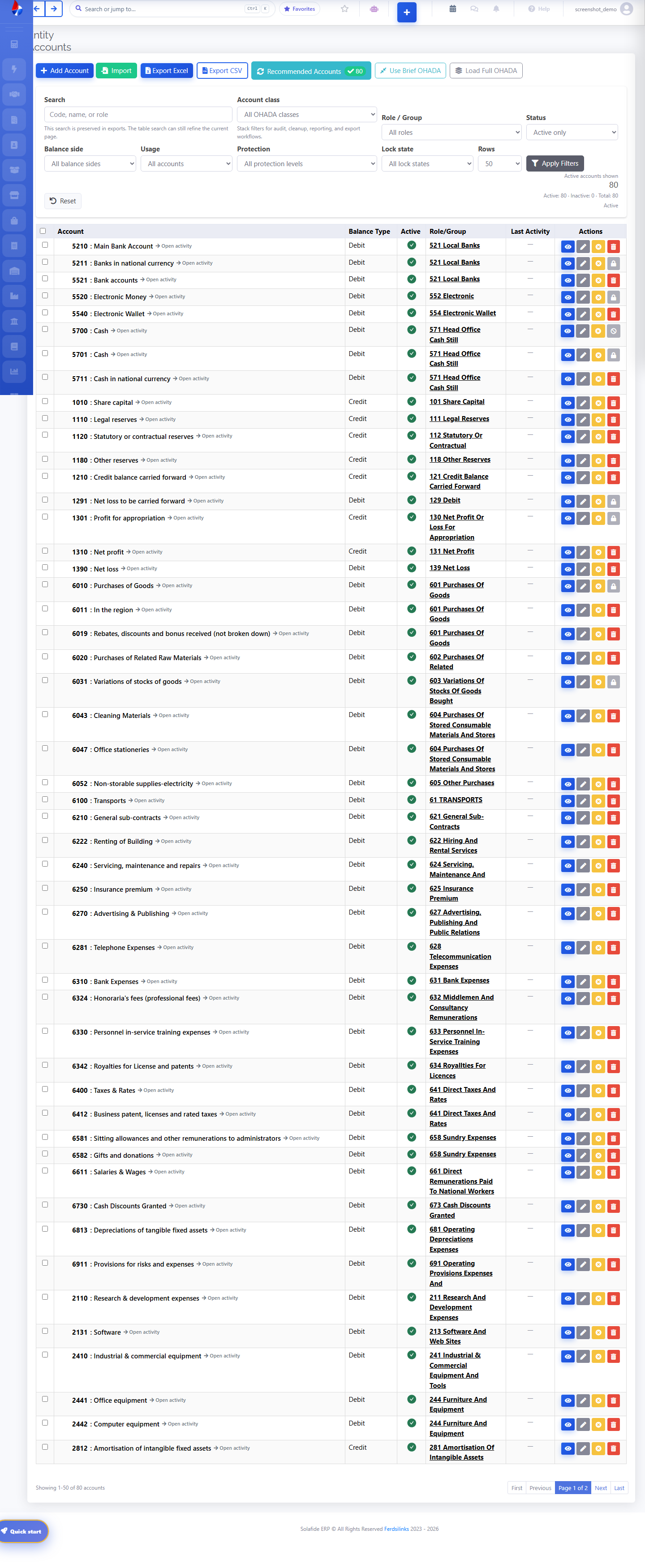 Solafide Chart of Accounts screen with full OHADA account list
