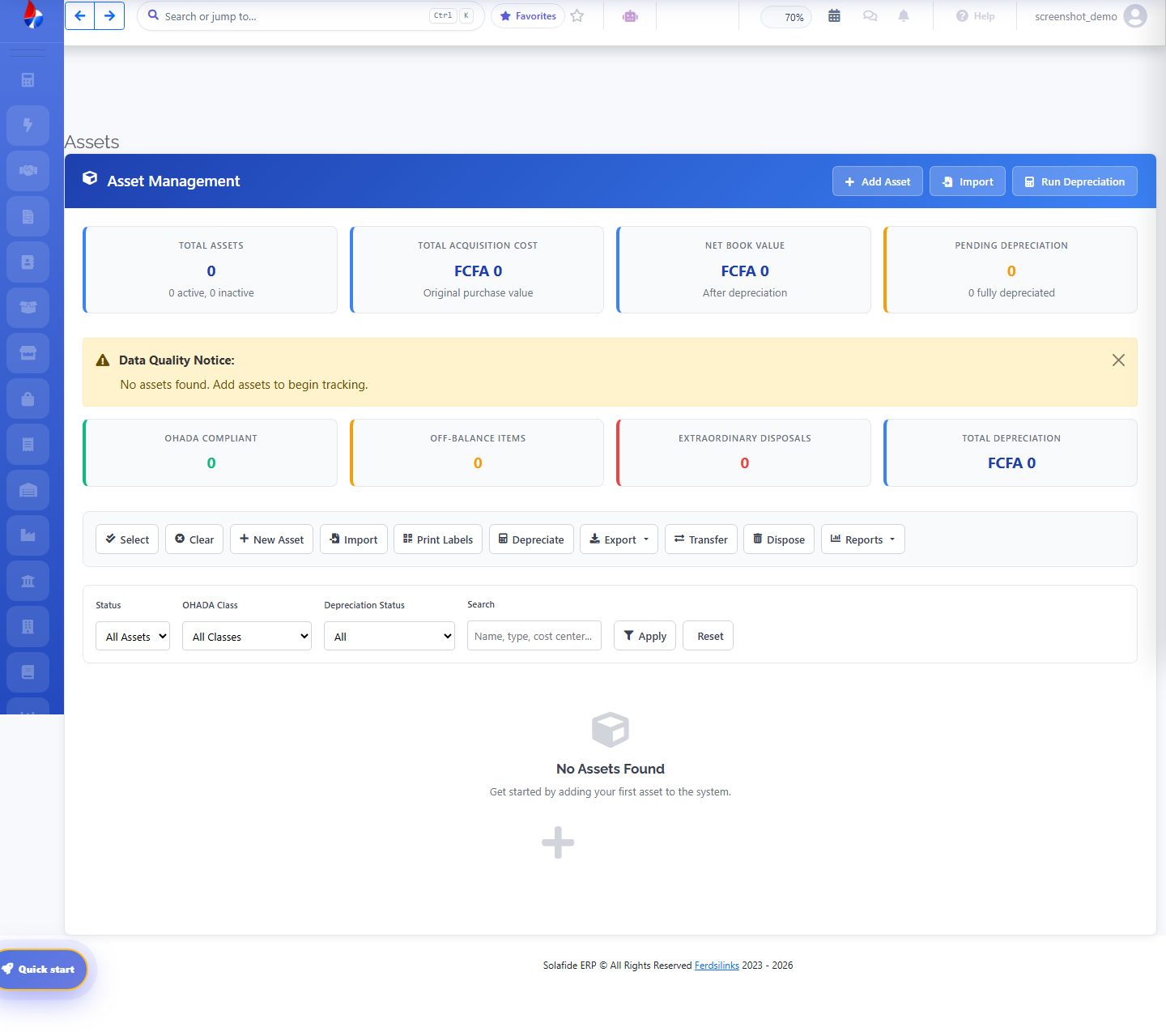Solafide Fixed Assets list screen