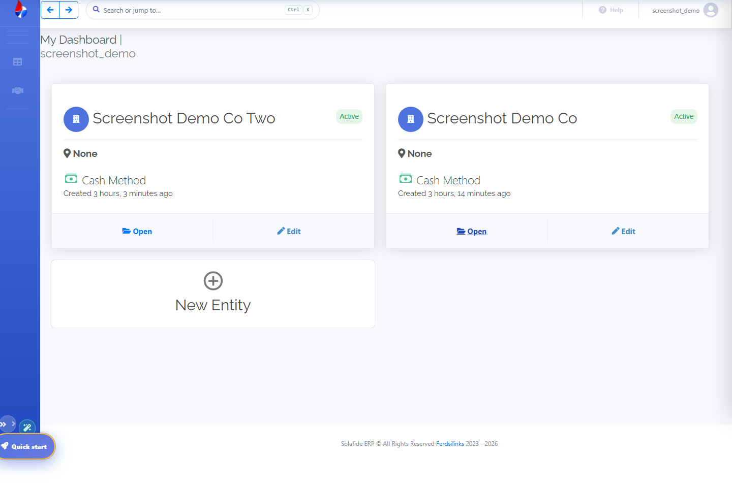 Solafide My Dashboard entity list