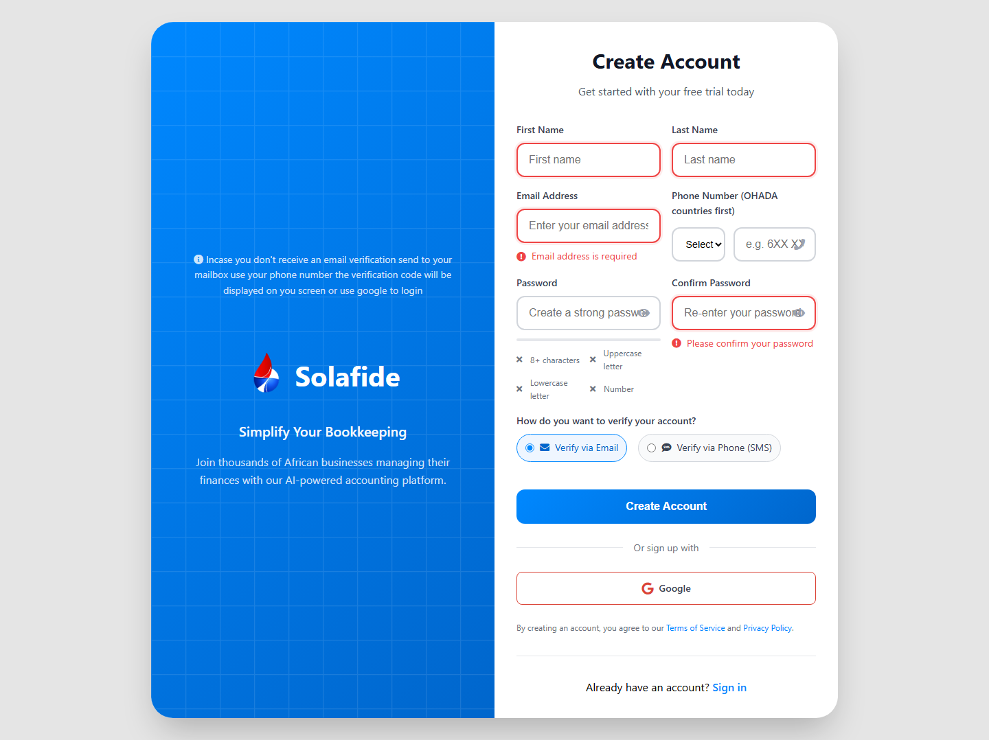 Solafide Create Account signup form