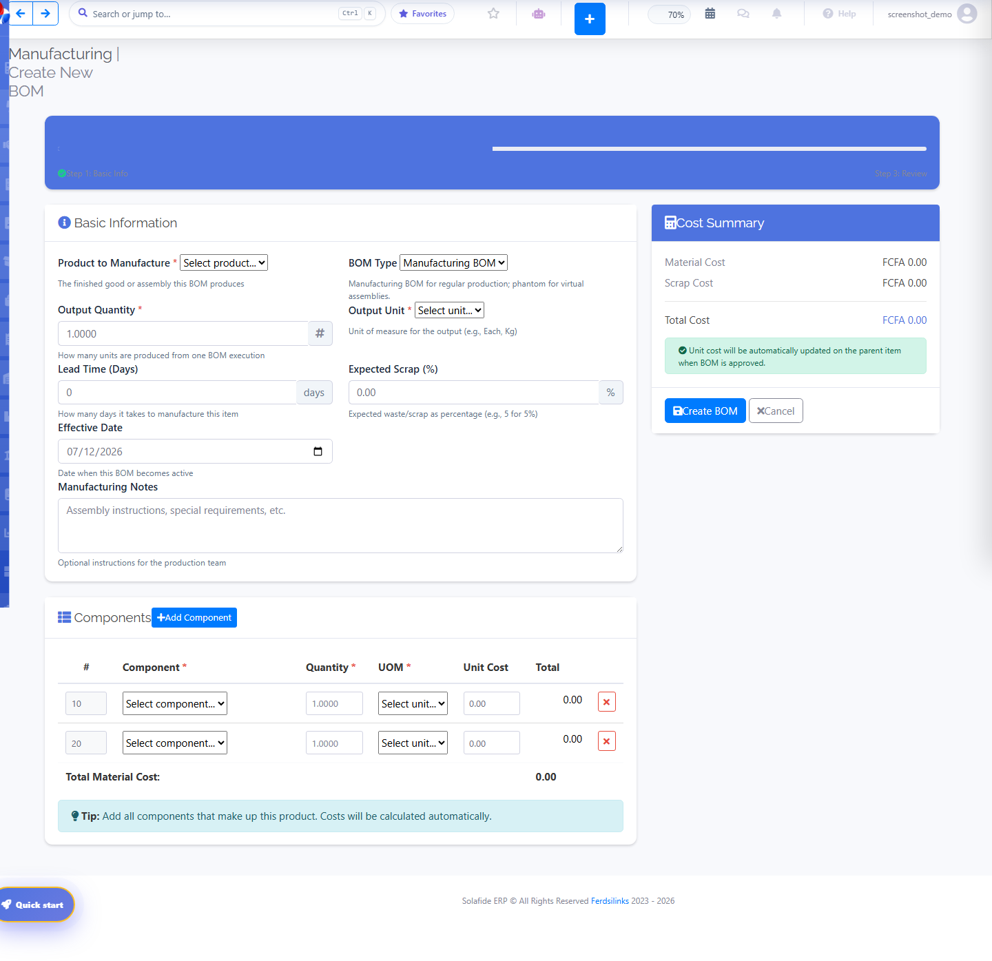 Solafide Create New BOM form with basic information, cost summary, and components table
