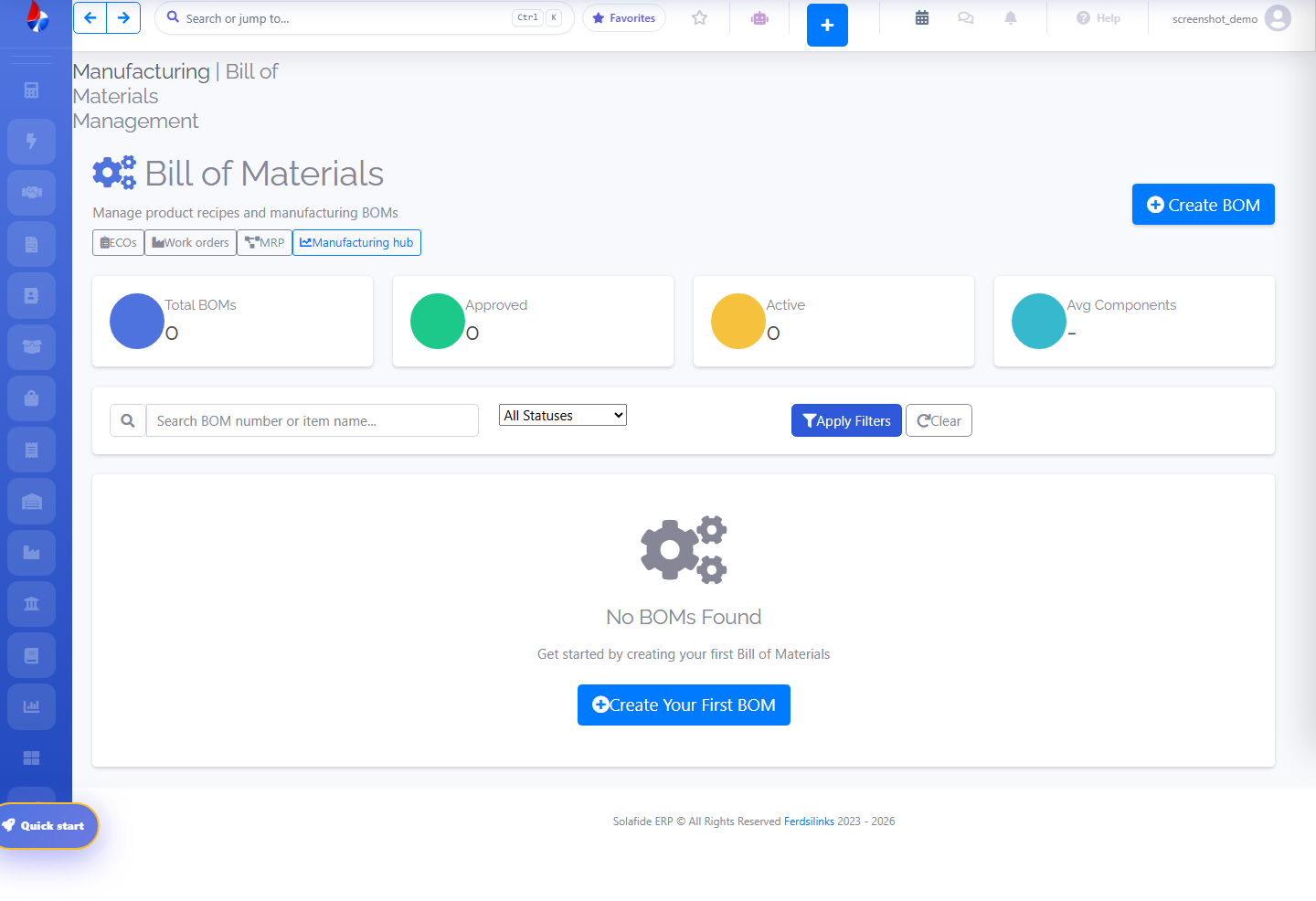Solafide Bill of Materials Management list screen with stats and search
