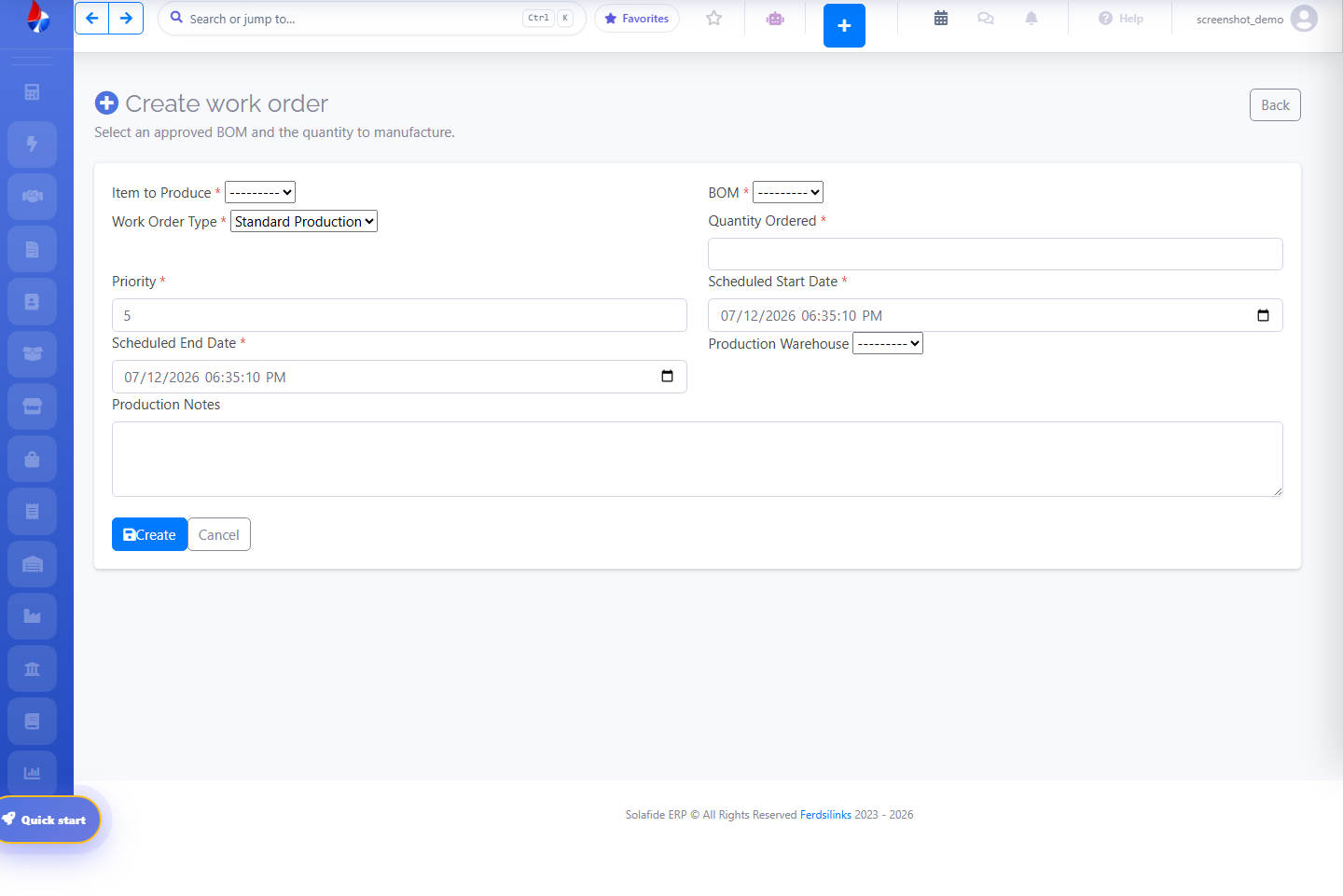 Solafide Create Work Order form with item, BOM, quantity, and scheduling fields