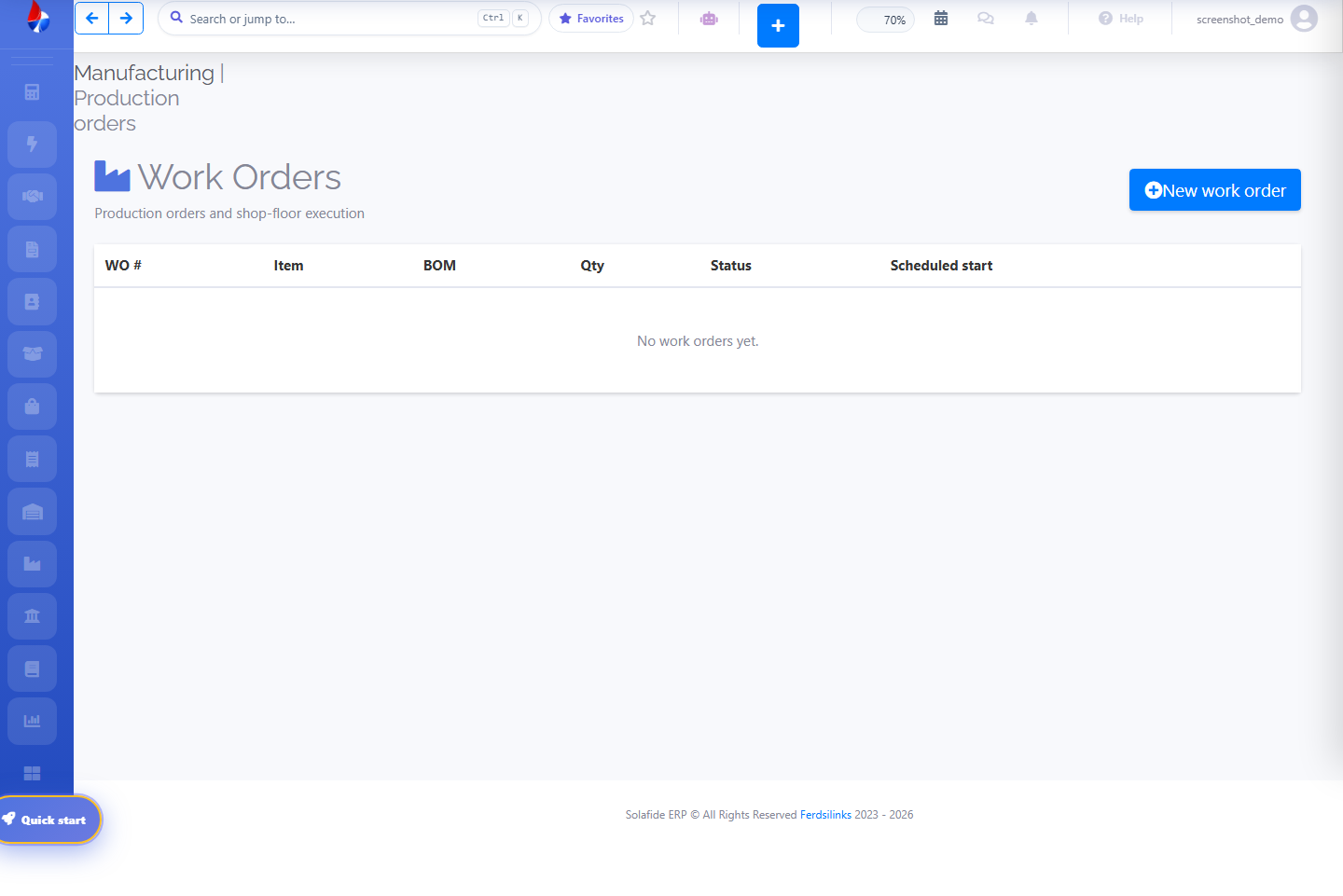 Solafide Work Orders list screen with WO#, Item, BOM, Qty, Status, and Scheduled Start columns