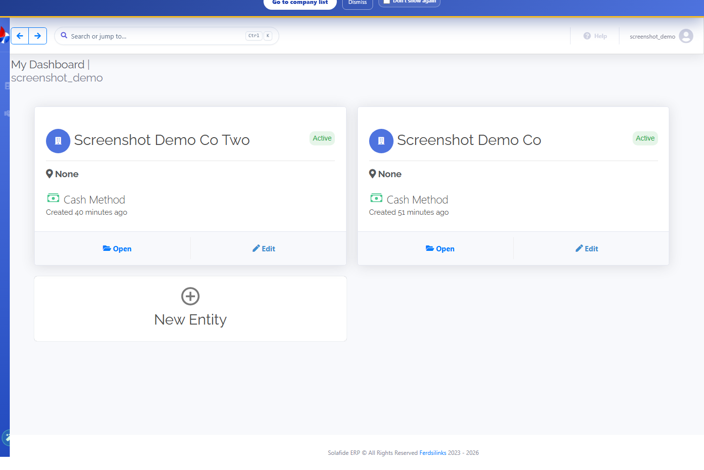 Solafide My Dashboard screen listing two entities side by side with a New Entity option