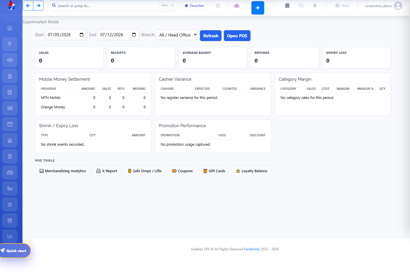 Solafide Supermarket Mode analytics dashboard with sales stats and POS tools
