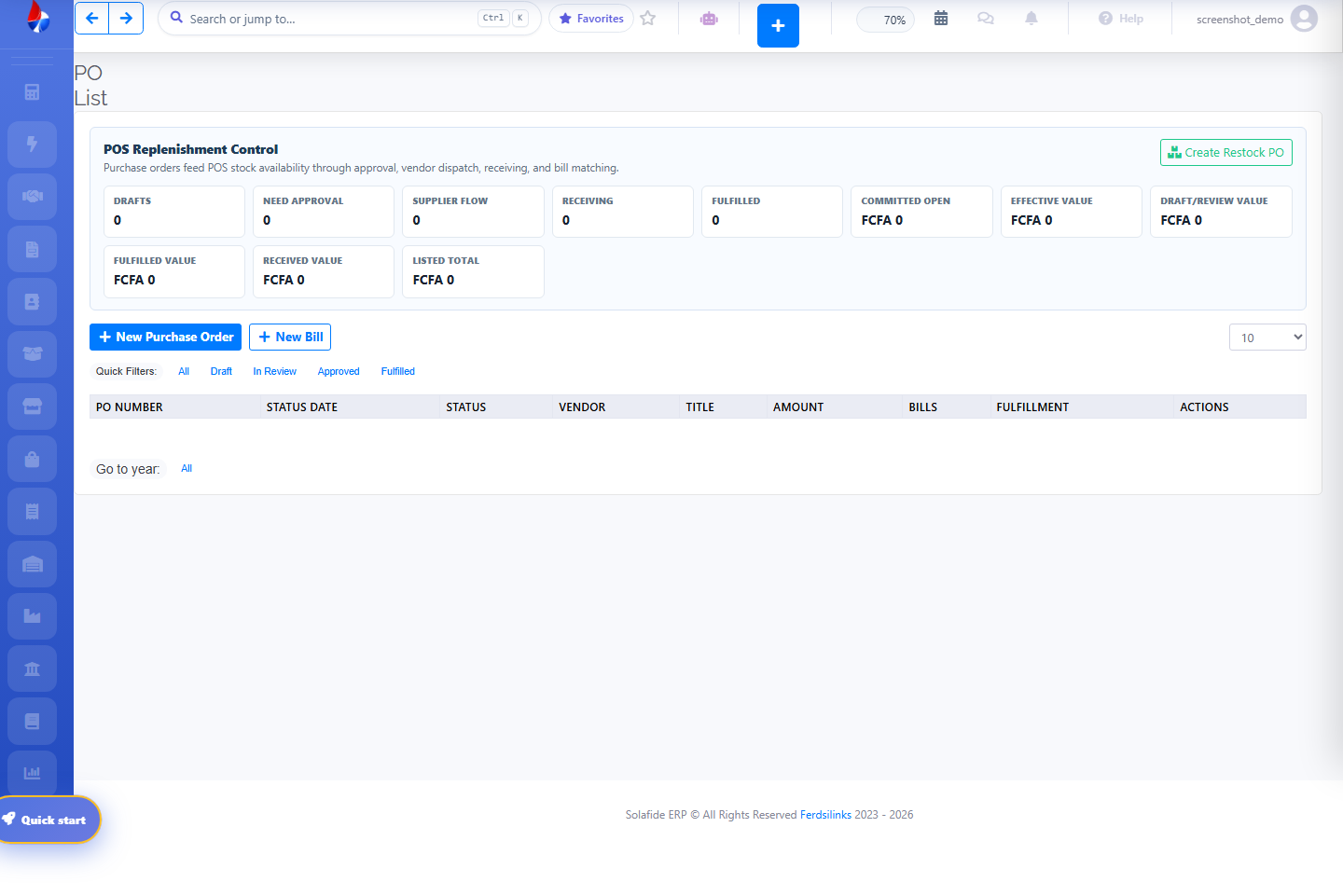 Solafide Purchase Orders list screen