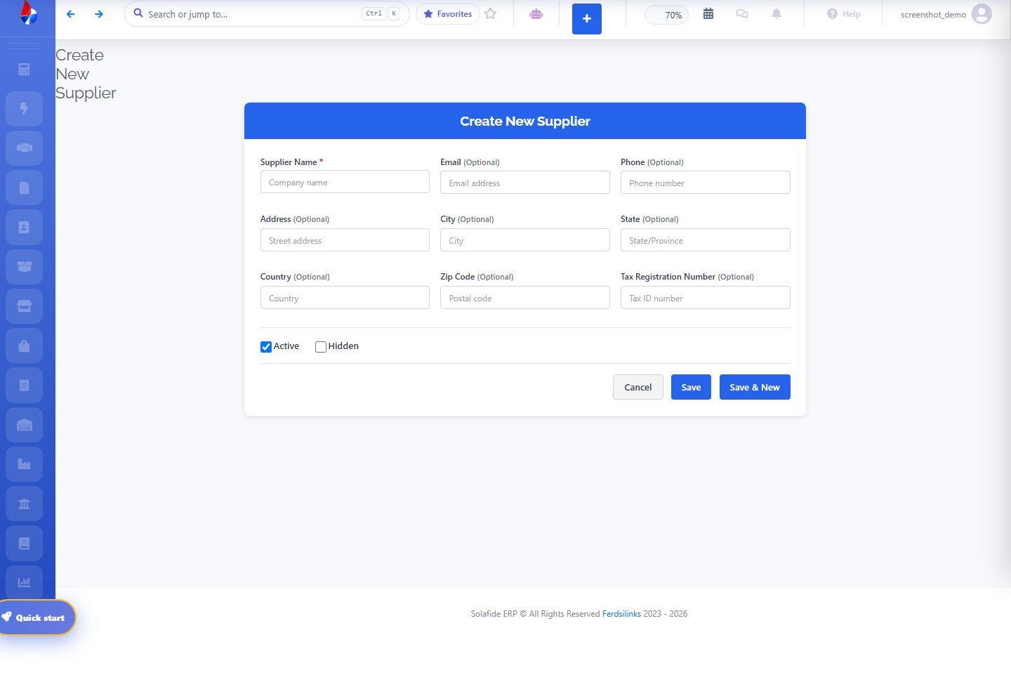 Solafide new vendor creation form