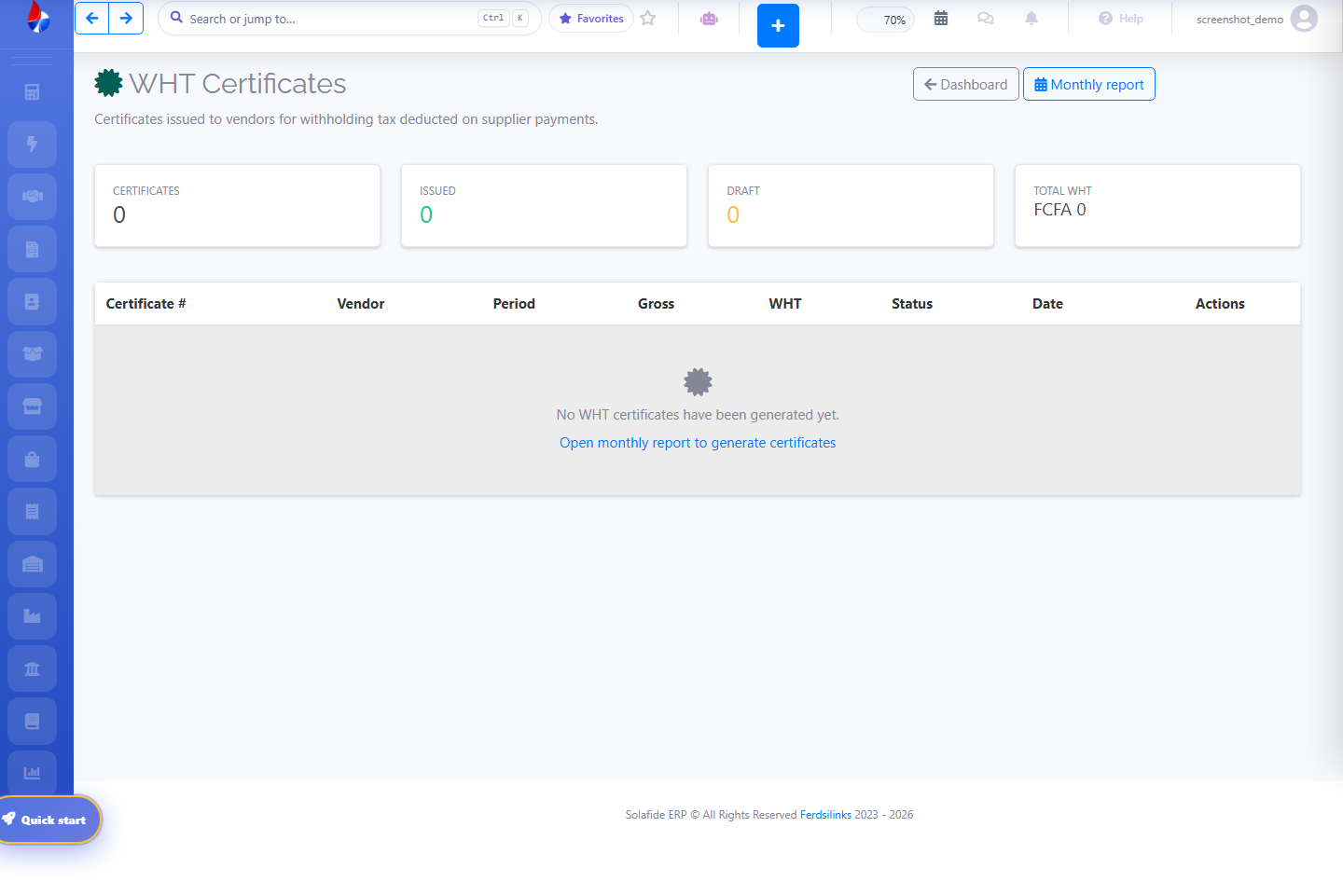 Solafide WHT Certificates list screen
