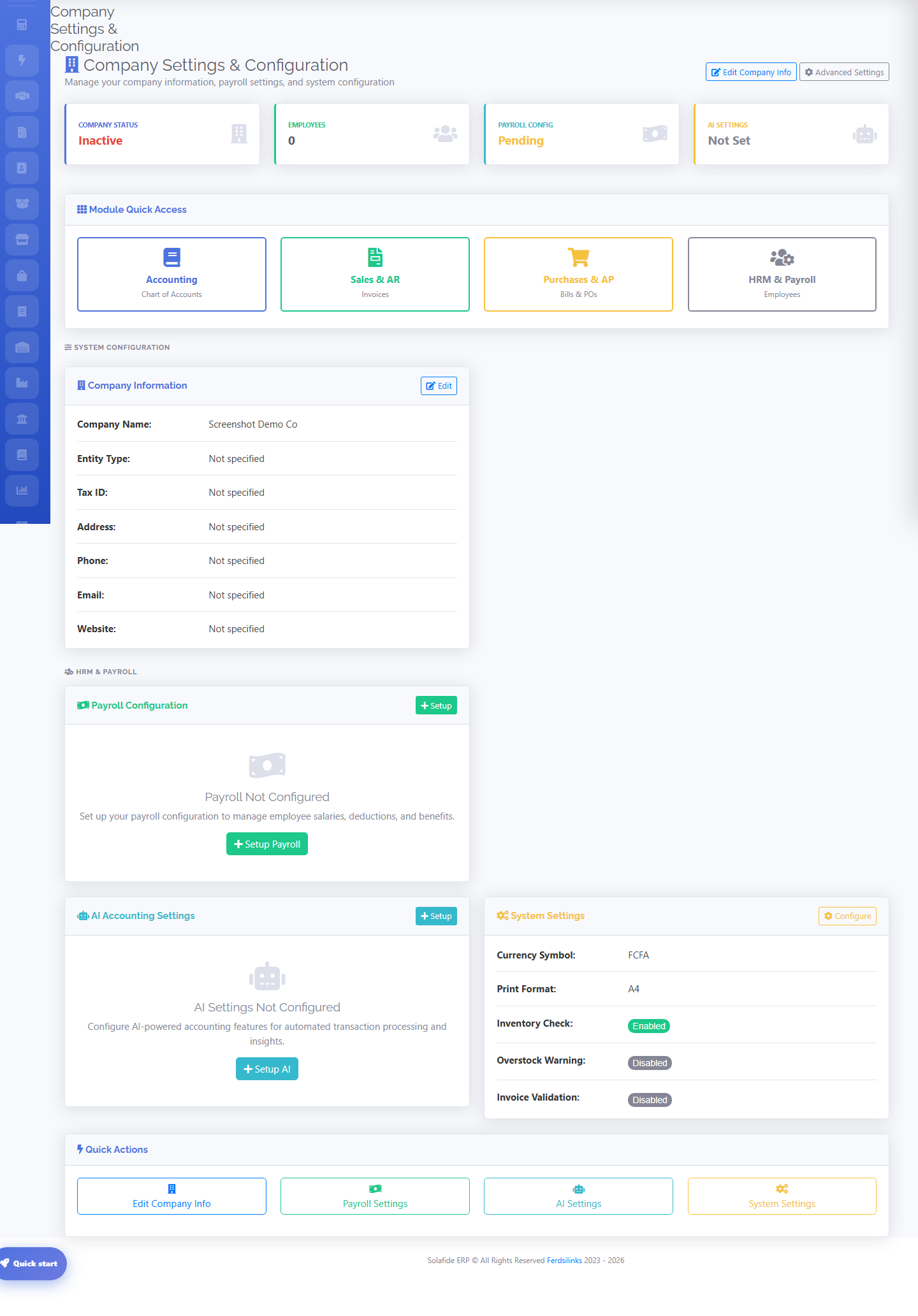 Solafide unified Company Settings dashboard