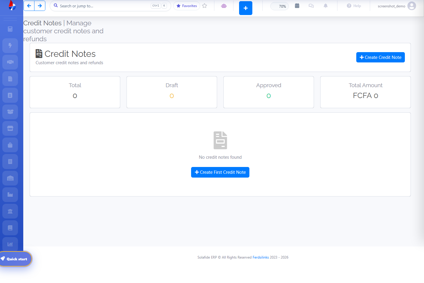 Solafide Credit Notes list screen