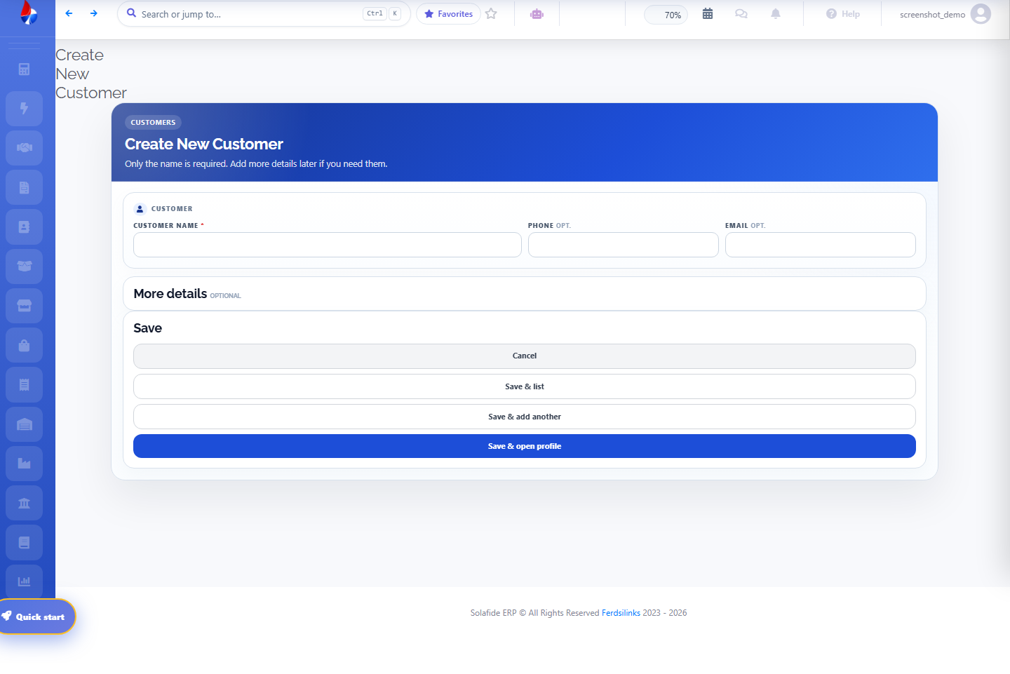 Solafide new customer creation form