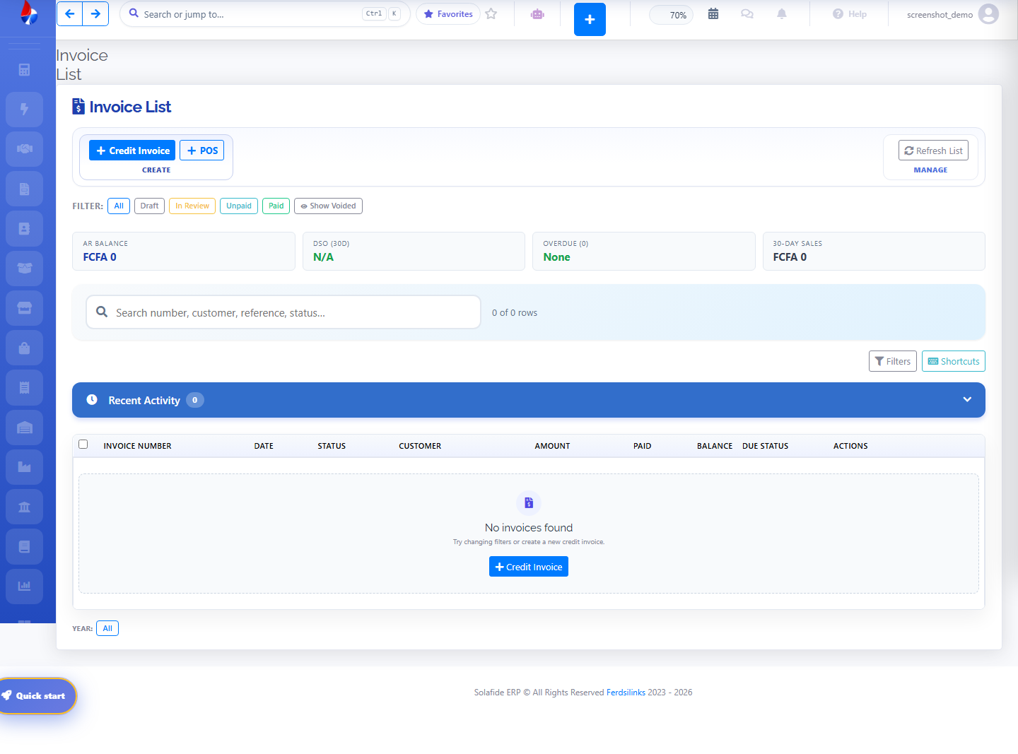 Solafide Invoice list screen