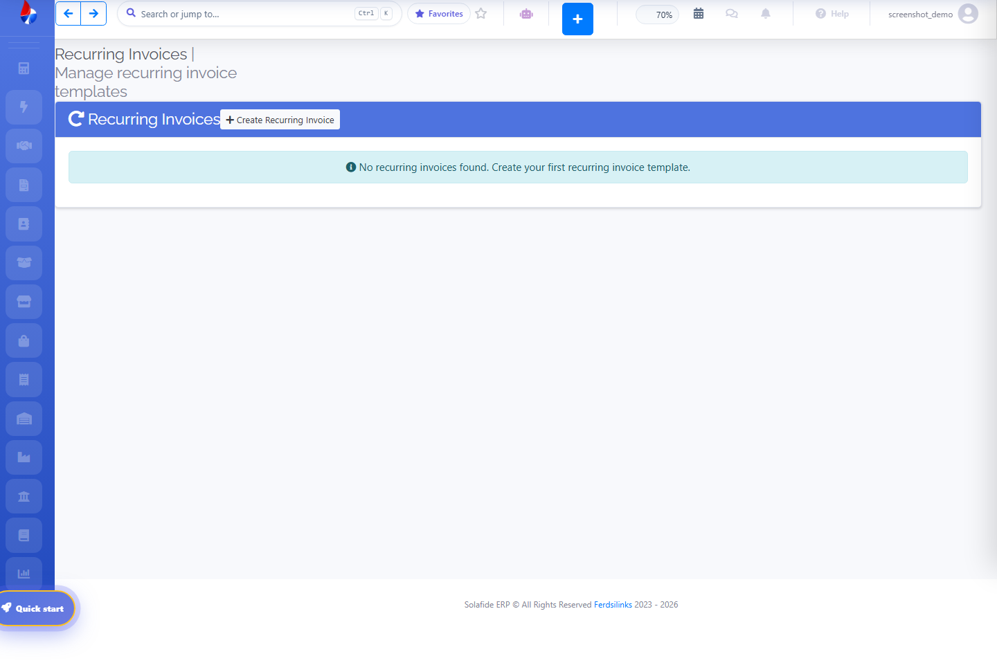 Solafide Recurring Invoices list screen